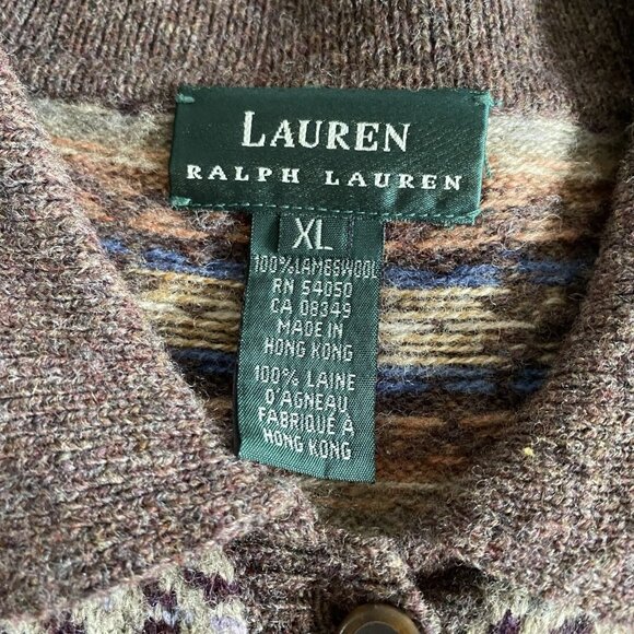 VTG Lauren Ralph Womens XL 100% Lambswool Fair Isle Cardigan Sweater Brown/Tan - Picture 7 of 9